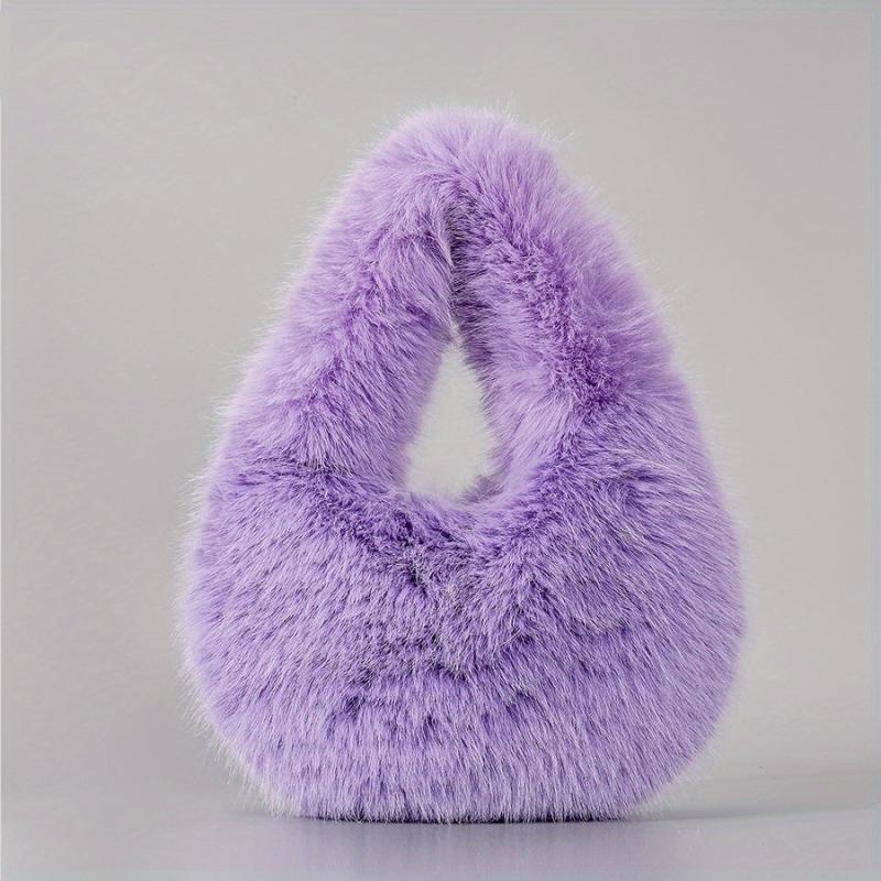 Plush Half Moon Handbag For Women Fluffy Underarm Bag Clutch Purse