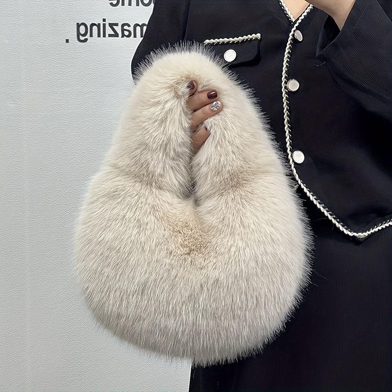 Plush Half Moon Handbag For Women Fluffy Underarm Bag Clutch Purse
