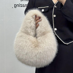 Plush Half Moon Handbag For Women Fluffy Underarm Bag Clutch Purse