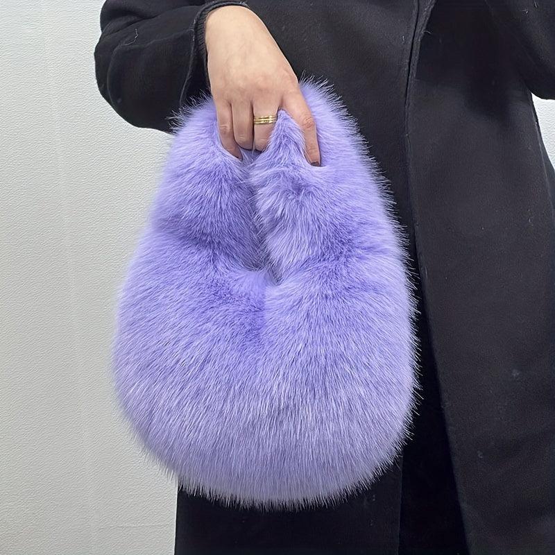 Plush Half Moon Handbag For Women Fluffy Underarm Bag Clutch Purse