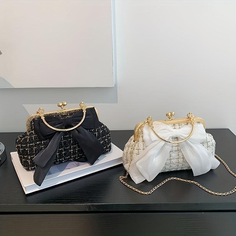 Bow Tie Decor Shoulder Bag Metal Chain Kiss Lock Top Handle Handbag