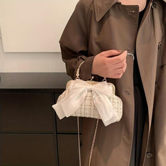 Bow Tie Decor Shoulder Bag Metal Chain Kiss Lock Top Handle Handbag
