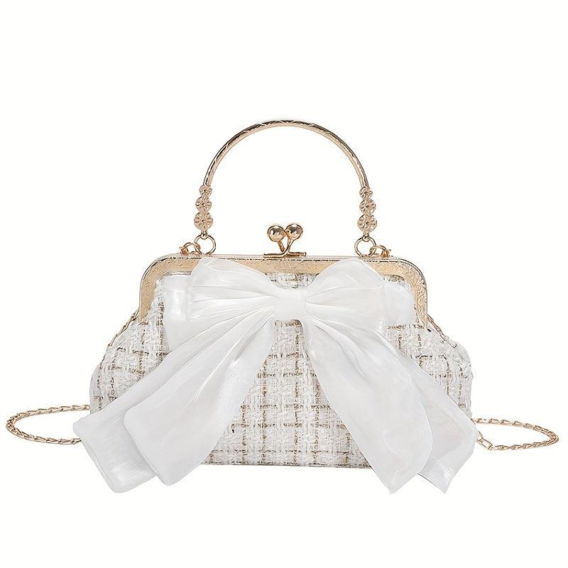 Bow Tie Decor Shoulder Bag Metal Chain Kiss Lock Top Handle Handbag