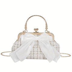 Bow Tie Decor Shoulder Bag Metal Chain Kiss Lock Top Handle Handbag