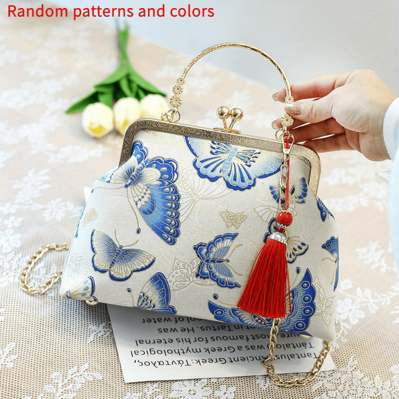 Vintage Silk Fabric Handbags Ethnic Style Crossbody Bag Chain Clutch Purse