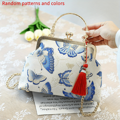 Vintage Silk Fabric Handbags Ethnic Style Crossbody Bag Chain Clutch Purse