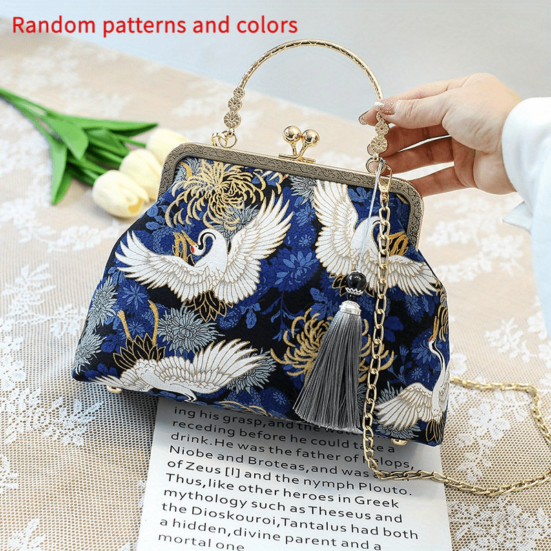 Vintage Silk Fabric Handbags Ethnic Style Crossbody Bag Chain Clutch Purse