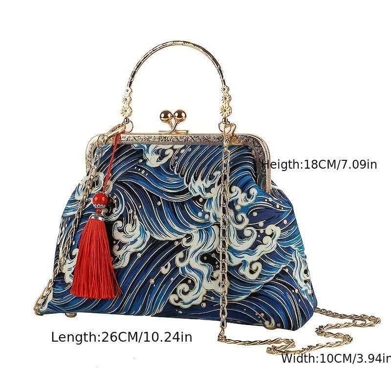 Vintage Silk Fabric Handbags Ethnic Style Crossbody Bag Chain Clutch Purse