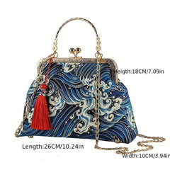 Vintage Silk Fabric Handbags Ethnic Style Crossbody Bag Chain Clutch Purse