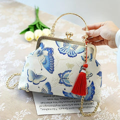 Vintage Silk Fabric Handbags Ethnic Style Crossbody Bag Chain Clutch Purse