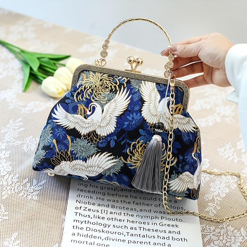 Vintage Silk Fabric Handbags Ethnic Style Crossbody Bag Chain Clutch Purse