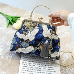 Vintage Silk Fabric Handbags Ethnic Style Crossbody Bag Chain Clutch Purse
