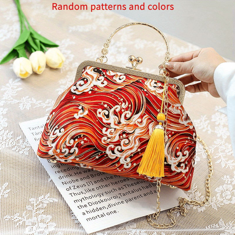 Vintage Silk Fabric Handbags Ethnic Style Crossbody Bag Chain Clutch Purse