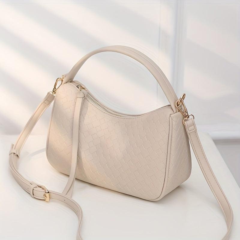 Braided Pattern Baguette Bag Zipper Satchel Women's Handbag
