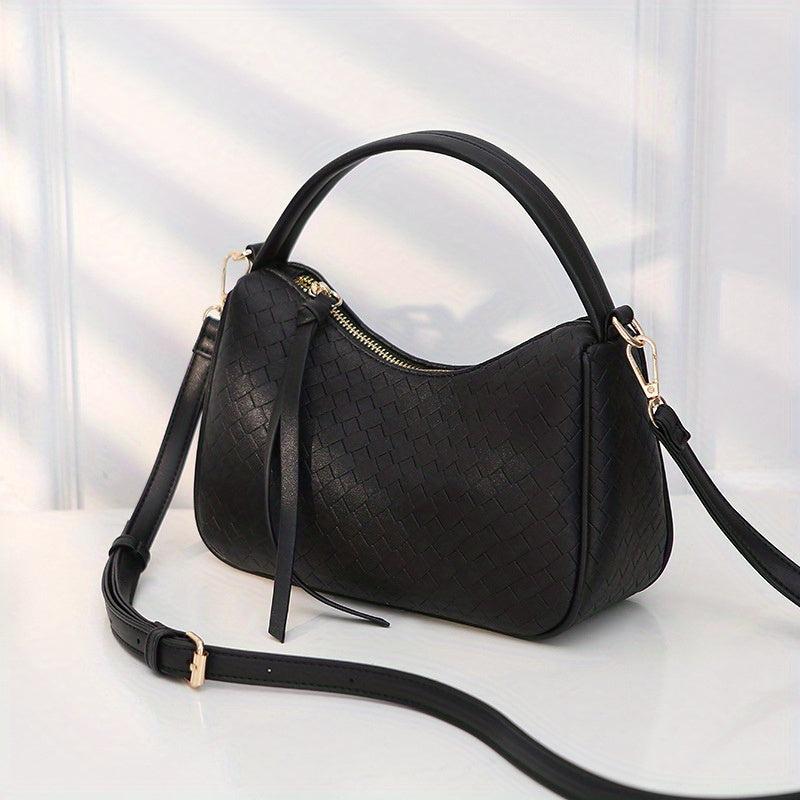 Braided Pattern Baguette Bag Zipper Satchel Women's Handbag
