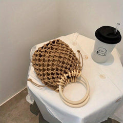 Minimalist Straw Satchel Bag Woven Drawstring Wooden Handles