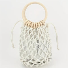 Minimalist Straw Satchel Bag Woven Drawstring Wooden Handles