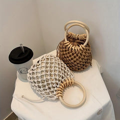 Minimalist Straw Satchel Bag Woven Drawstring Wooden Handles