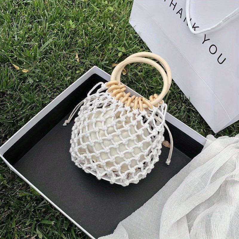 Minimalist Straw Satchel Bag Woven Drawstring Wooden Handles