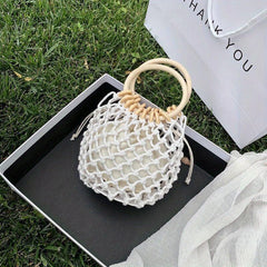 Minimalist Straw Satchel Bag Woven Drawstring Wooden Handles