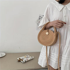 Woven Straw Round Handbag Beach Crossbody Bag Double Handle Shoulder Bag