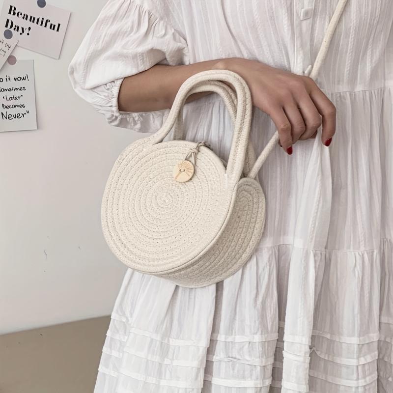 Woven Straw Round Handbag Beach Crossbody Bag Double Handle Shoulder Bag