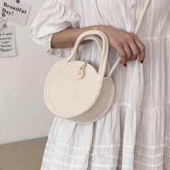 Woven Straw Round Handbag Beach Crossbody Bag Double Handle Shoulder Bag