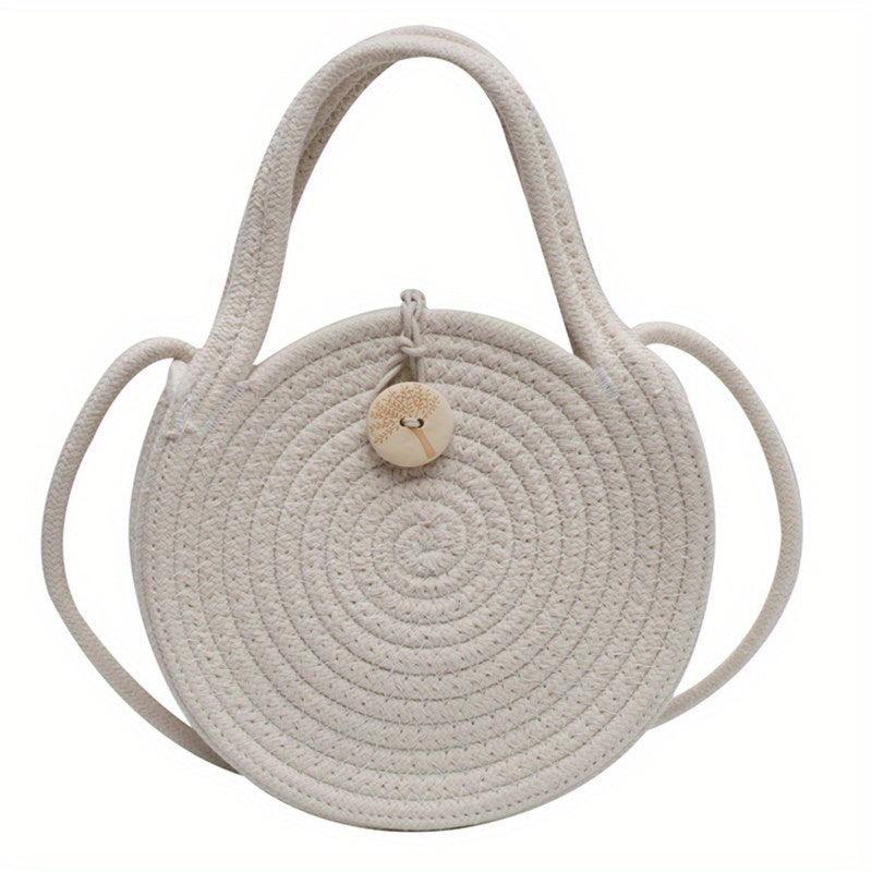 Woven Straw Round Handbag Beach Crossbody Bag Double Handle Shoulder Bag