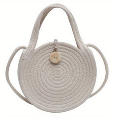 Woven Straw Round Handbag Beach Crossbody Bag Double Handle Shoulder Bag