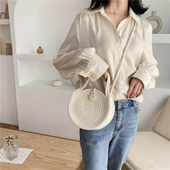Woven Straw Round Handbag Beach Crossbody Bag Double Handle Shoulder Bag