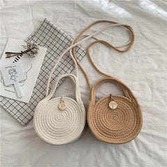 Woven Straw Round Handbag Beach Crossbody Bag Double Handle Shoulder Bag