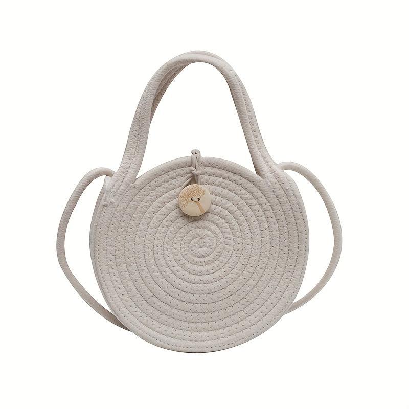 Woven Straw Round Handbag Beach Crossbody Bag Double Handle Shoulder Bag