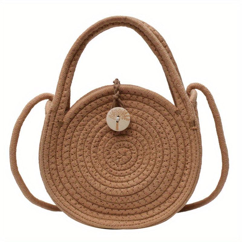 Woven Straw Round Handbag Beach Crossbody Bag Double Handle Shoulder Bag