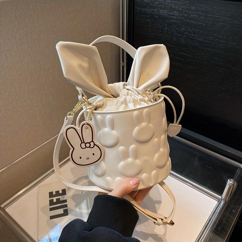 Minimalist Bunny Embossed Barrel Bag Drawstring Satchel