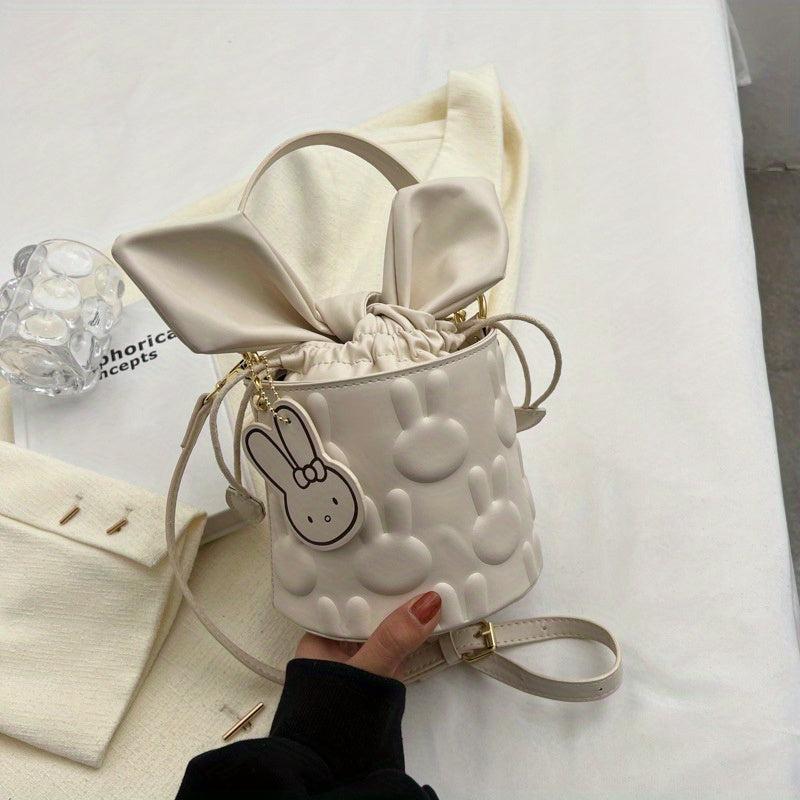 Minimalist Bunny Embossed Barrel Bag Drawstring Satchel