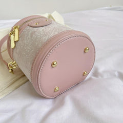 Pink PU Leather Mini Bucket Bag Versatile Cylinder Crossbody Bag