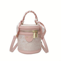 Pink PU Leather Mini Bucket Bag Versatile Cylinder Crossbody Bag