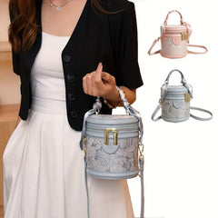 Pink PU Leather Mini Bucket Bag Versatile Cylinder Crossbody Bag