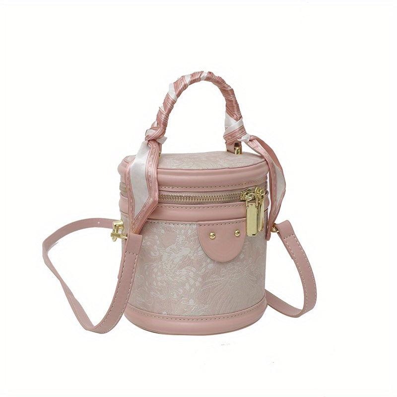 Pink PU Leather Mini Bucket Bag Versatile Cylinder Crossbody Bag