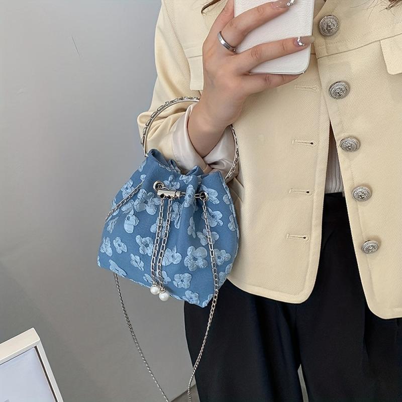 Mini Floral Drawstring Bucket Bag Top Handle Purse Women's Classic Crossbody