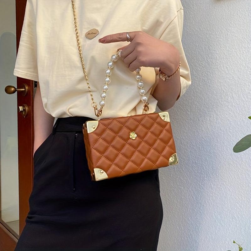 Quilted Solid Mini Handbag Chain Handle Crossbody Bag PU Leather Shoulder Bag