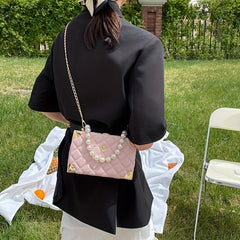 Quilted Solid Mini Handbag Chain Handle Crossbody Bag PU Leather Shoulder Bag