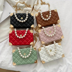 Quilted Solid Mini Handbag Chain Handle Crossbody Bag PU Leather Shoulder Bag