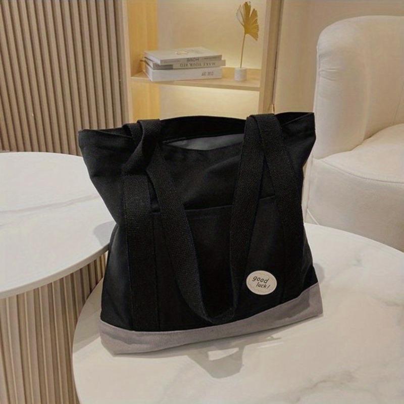 Canvas Zipper Shoulder Bag Large Capacity Handbag Double Handle Shopping Bag