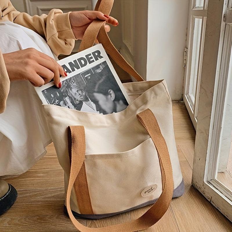 Canvas Zipper Shoulder Bag Large Capacity Handbag Double Handle Shopping Bag