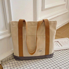 Canvas Zipper Shoulder Bag Large Capacity Handbag Double Handle Shopping Bag