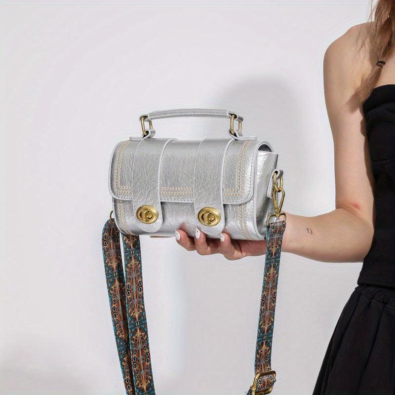 Vintage Square Small Bag Embroidery Turn Lock Handbag With Wide Strap