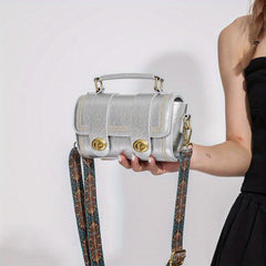 Vintage Square Small Bag Embroidery Turn Lock Handbag With Wide Strap