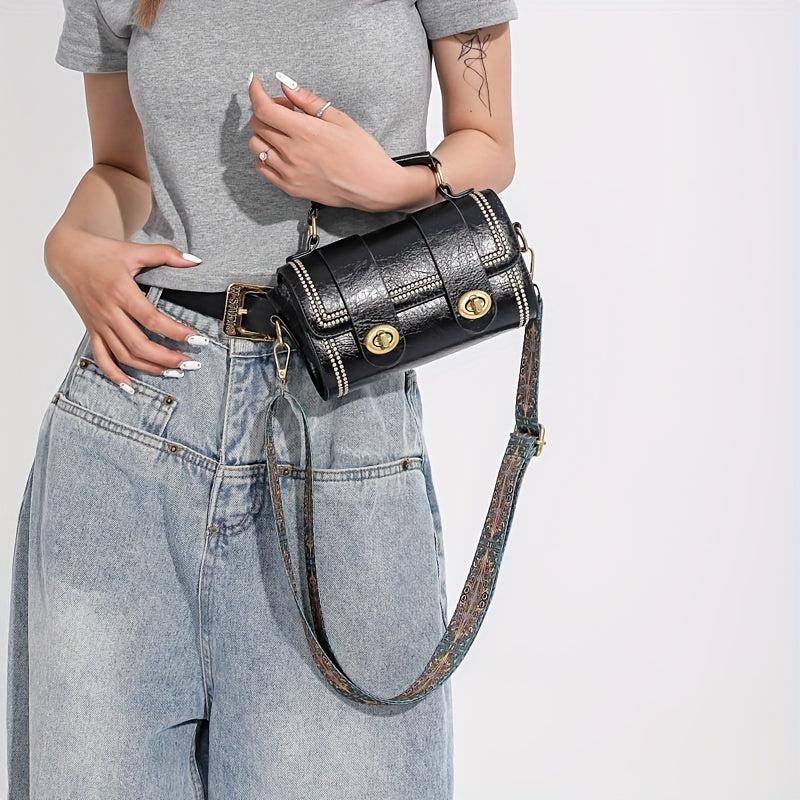 Vintage Square Small Bag Embroidery Turn Lock Handbag With Wide Strap