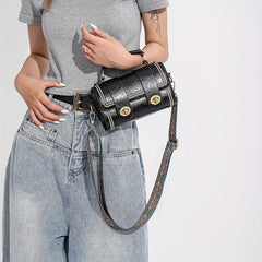 Vintage Square Small Bag Embroidery Turn Lock Handbag With Wide Strap
